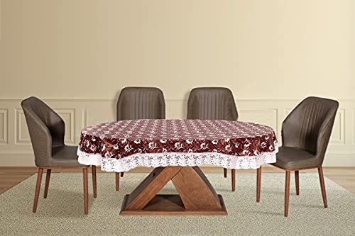 Image of The Furnishing Tree Waterproof PVC Oval Shaped 4 to 6 Seater Table Cover WxL 54x78 inches Floral Pattern Dark Brown with White Border lace