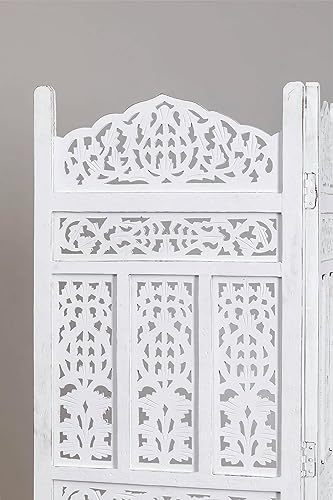 Image of Home & Goods International Wooden Room Divider Partition - Foldable Screen Separator for Living Room, Bedroom, Office, Restaurant || Kangra Badrun Design, White (6 Panel)