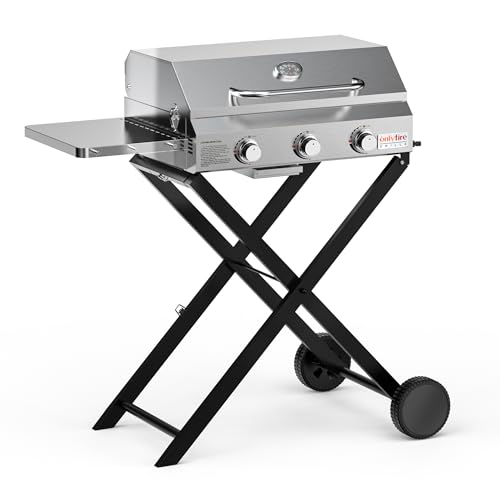 Onlyfire 3 Brenner Gas Grillwagen | BBQ Gasgrill mit Grillrost | 7Kw | Grillfläche 56,5×34cm | mit Seitentischen, Faltbarem Rollwagen, Rollen, Thermometer | für Outdoor Camping Balkon Garten