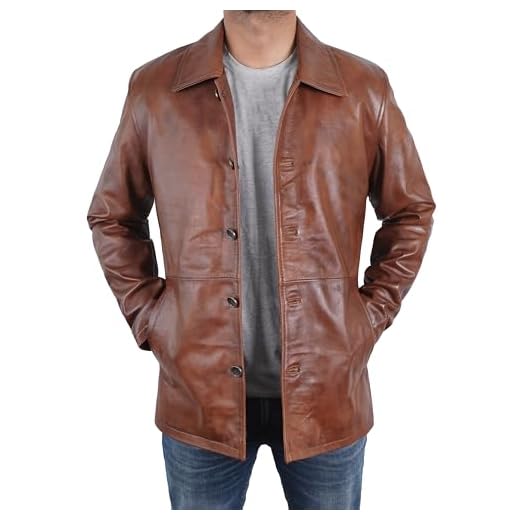 STOREJEES Casaco masculino clássico de couro de inverno com comprimento 3/4 - Jaqueta longa de pele de cordeiro verdadeira com botões, Casaco de carro - marrom, 4G