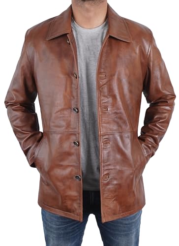 STOREJEES Mens Long Leather Jacket | Car Coat Brown, XL