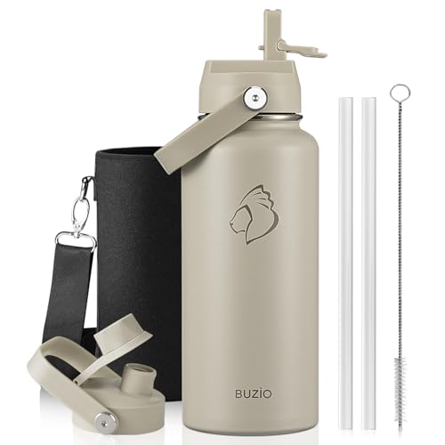 Image of BUZIO Insulated Stainless Steel Water Bottle 32 oz with Straw & Spout Lids