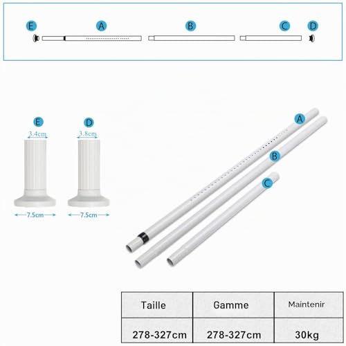 Tringle à rideau extensible 278-327cm en acier blanc sans perçage