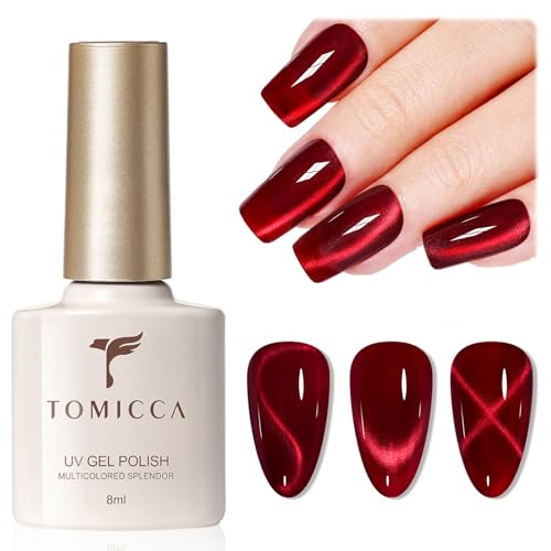 TOMICCA Cat Eye Gel Nail Polish, Holographic Dark Red Magnetic Gel Polish, Soak Off UV LED Burgundy Red Glitter Cat Eye UV Nail Polish for Nail Art Manicure Salon DIY at Home, 8ml