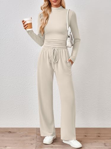 Trendy Queen Womens 2 Piece Matching Lounge Set Mock Turtleneck Top Wide Leg Pants Casual Sweatsuit with Pockets