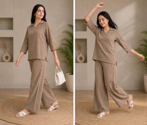 Image of Women's Co Ord Set for Women - Relaxed Fit Collared Top with 3 /4 Sleeves & Wide Leg Palazzo Pants, Casual Lounge Wear Matching Outfit for Daily Wear, Travel & Office