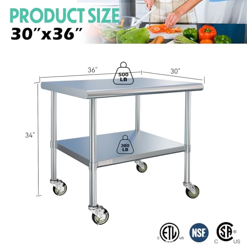 Image of STABLEINK NSF Stainless Steel Prep Table 36x30 with Wheels, Metal Work Table with Adjustable Undershelf, for Commercial Kitchen, Restaurant, Hotel, Laundry and Garage