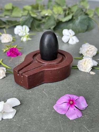 Image of Shivam VASTU AKAL 1.5 inch Original Narmadeshwar Narmada Shivling with 3 inch Narmada Stone Yoni Base Jaladhari (Black Shivling, Brown Flate Jaladhari)