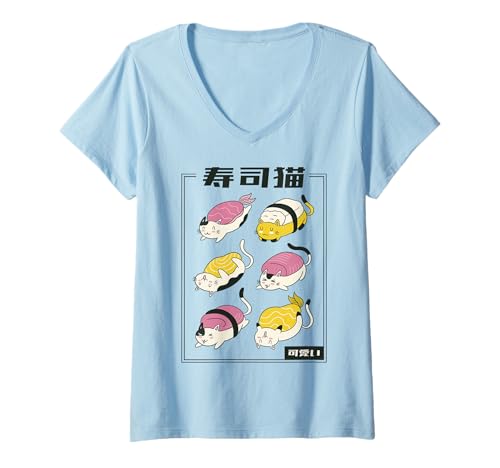 Mujer Lindo Kawaii Nigiri Sushi Gato Japonés Estética Retro Comic Camiseta Cuello V