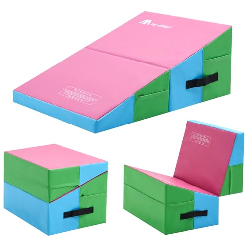 Gymnastics Cheese Mat Incline Wedge Mat Folding Gymnastics Mat for Kids Tumbling Indoor/Outdoor Skill Shape Training & Exercise equipment Home Gym Yoga (Pink-Green S:32.3x23.6x13)