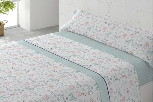 various Juego de Sábanas Infantiles Cama 90x190/200 cm – 3 Piezas (Encimera + Bajera Ajustable + Funda de Almohada) – 52% Algodón 48% Poliéster, 144 Hilos - Modelo Jungla Azul