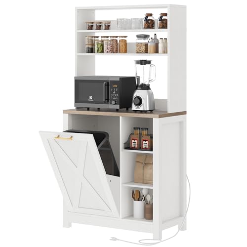 DWVO Bakers Rack Microwave Stand Cabinet with Trash Can Bin Cabinet and Power Outlet, 6-Tiers Farmhouse Kitchen Tall Thickened Coffee Bar Table Station with Storage Shelf (White)