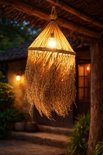 Image of Handcrafted Paddy Hanging Pendant Light | Natural Rice Stalk Rustic Ceiling Lamp for Home, Pooja Room & Farmhouse Decor | Traditional Paddy Design Light Fixture