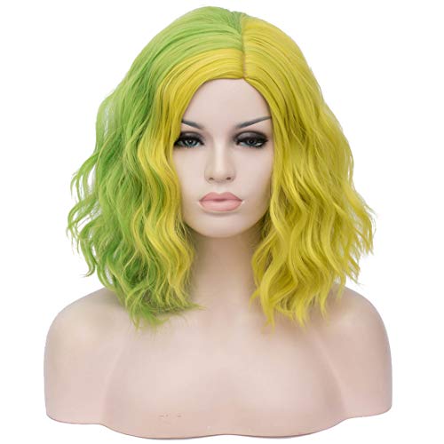 Cying Lin Short Bob Wavy Curly Wig Green and Yellow Wig For Women Cosplay Halloween Wigs Heat Resistant Bob Party Wig+Wig Cap (Green and Yellow)