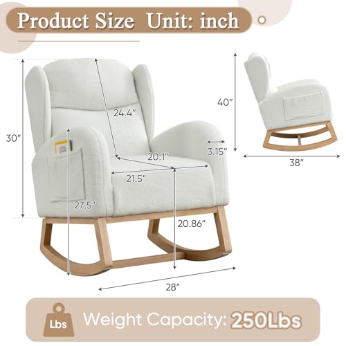 Rocking Glider Chair for Nursery, Wingback Teddy Accent Rocker Chair Upholstered Tall Back Arm Chair w/Side Pockets, Modern Leisure Single Sofa for Living Room, Hotel, Bedroom, Baby Room, Ivory
