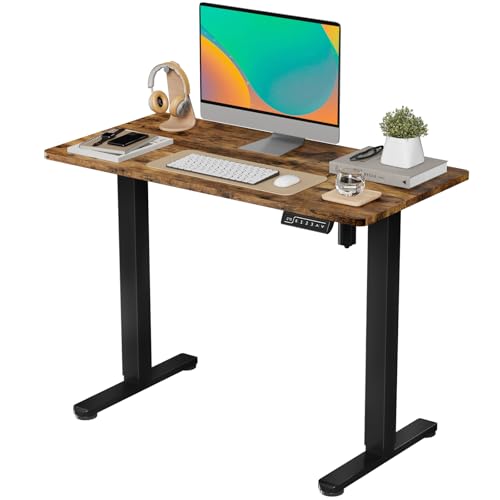 Image of JOY worker Small Electric Standing Desk, 40 inch x 20 inch Whole Piece Height Adjustable Table with Memory Controller, Black Sit to Stand Desk Workstation for Home Office, Rustic Brown