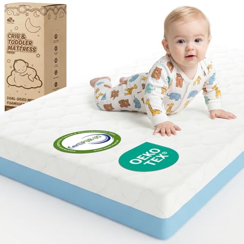 DeerFable Dual Sided Baby Crib Mattress, 5 Inch Thick Soft & Firm Memory Foam Breathable Toddler Mattress, 4 in1 Standard Baby Bed Mattresses with Removable Washable Cover 52x27.6x5 - Blue