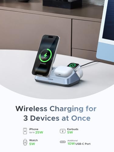 Image of UGREEN 25W Qi2 Certified 3-in-1 Magflow Wireless Charging Stand, Magsafe Fast Wireless Charger for iPhone 17 /16 /15 /14 /13 /12, AirPods and Apple Watch, Desk Stand with Adjustable Angle