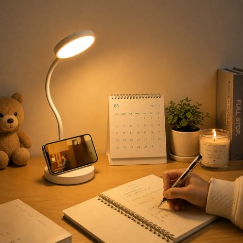 Image of SaleOn 1200mAh Battery Rechargeable LED Desk Lamp with USB Type-C | 6 Month Warranty | 3 Lighting Modes | Touch Control | Eye Protection | Mobile Holder | Foldable Study & Reading Lamp, White