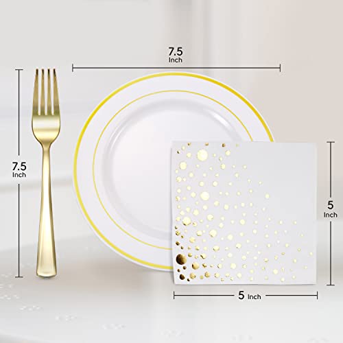 Stylish 7.5 Inch Gold Disposable Dessert Plates, Forks And Cocktail Napkins (100 Set Of Each) - Small Durable Cake Plates, Appetizer Plates Or Salad Plate - White And Gold Plastic Plate For Christmas #TOP3