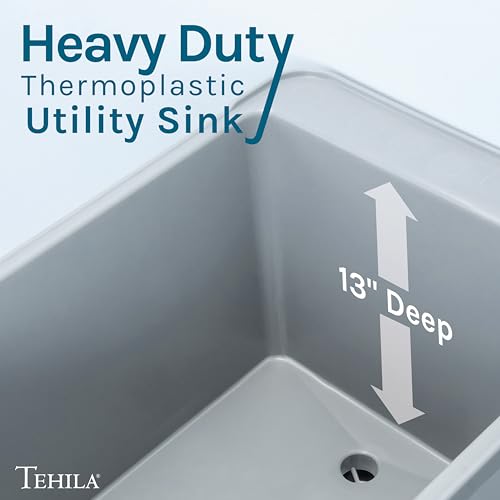 Image of Grey Space Saver Utility Sink by JS Jackson Supplies, Freestanding Tehila Space Saving Laundry Tub, Black Gooseneck Faucet with Side Sprayer