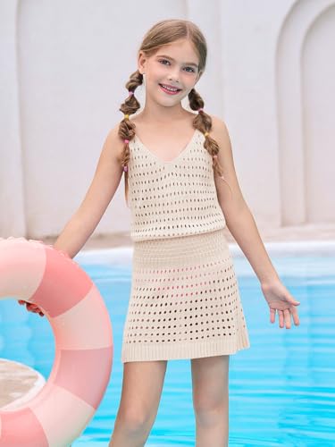 Image of Haloumoning Girls Sleeveless Crochet Swimsuit Cover Up Kids Summer Hollow Out Knitted Beach Dress 7-14 Years
