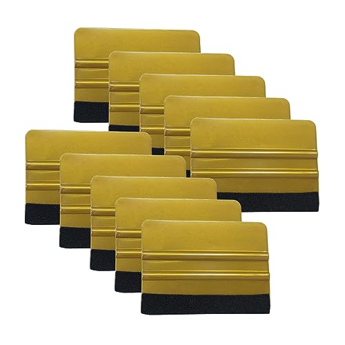JNNJ 10Pcs Coche Espátula Vinilo con Gamuza Suave del Fieltro, Universal Squeegee de Plástico del Bordes Suave del Fieltro, Squeegee para Película de Coche Papel Pintado para Coche(Marrón-Dorado)