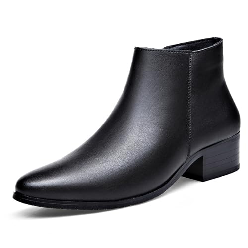 Men's Genuine Leather Pointed Toe Block Heels Chelsea Ankle Boots with Side Zipper Chunky heels Business Dress Chukka Boots Comfort Non Slip Work Booties