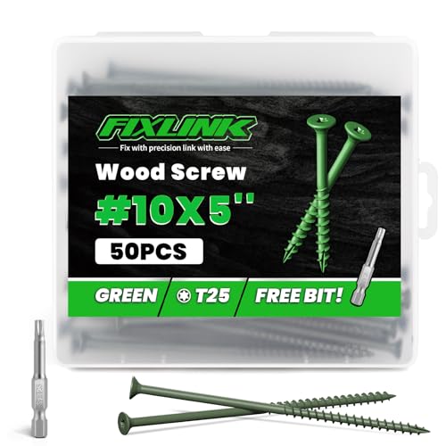 Image of Wood Screws 5 Inch, FIXLINK Deck Screws #10 x 5, 50 PCS, Epoxy Coated, T25 Star Bit Above 1500 Hour Salt Spray Coating Outdoor Decking Screws Excellent Rust Resistant for Wood Fence, Green