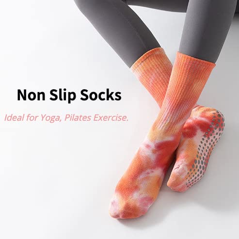 ALTALIVA Tie Dye Yoga Socks for Women Non Slip Grip Yoga Socks for Pilates, Barre, Ballet (Orange red)