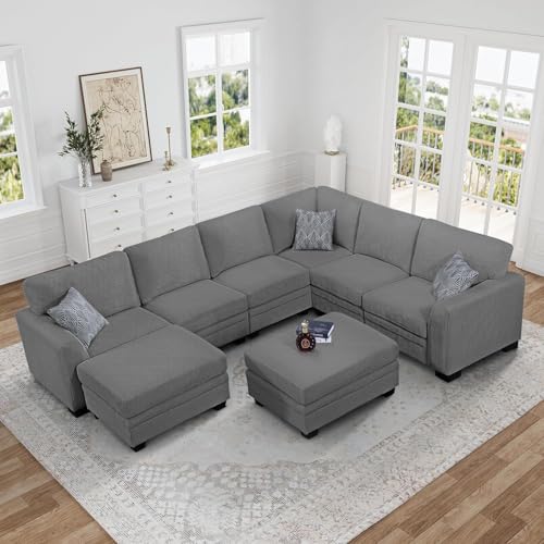 Legend Vansen Oversized Modular Sectional Sofa,8 Seat U Shaped Couch with Ottoman,Corduroy Sofa with Deep Seat,Convertible Large Sectional Couches for Living Room (Grey, U-8)