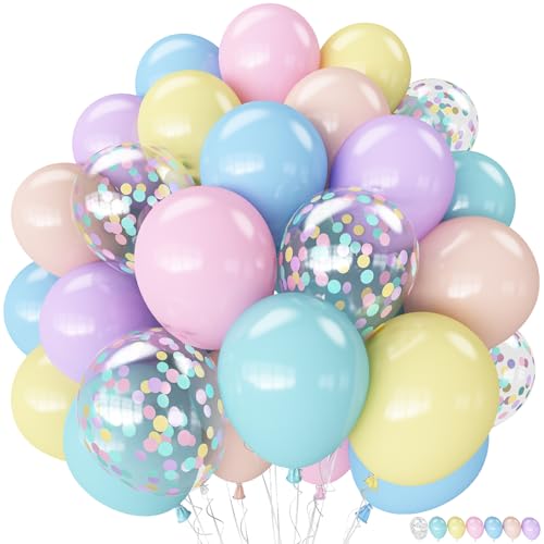 Pastel Balloons 12 Inch Rainbow Macaron Pink Blue Teal Yellow Purple Apricot Assorted Balloon whit Colorful Confetti Clear Balloon for Easter Birthday Bridal Baby Shower Wedding Tea Ice Cream Party