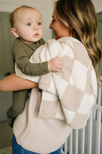 Image of Mebie Baby Taupe Checkered Plush Lovey Blanket 15x20 - Soft, Lightweight, Breathable | Available in Two Sizes