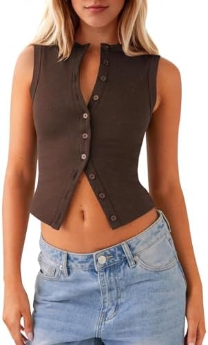 Women Button Down Crop Tank Top Ribbed Knit Sleeveless Crew Neck Summer Slim Fit Open Front Vest Shirts Tops