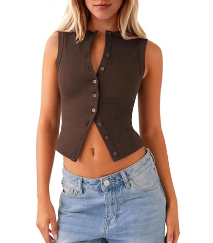 Women Button Down Crop Tank Top Ribbed Knit Sleeveless Crew Neck Summer Slim Fit Open Front Vest Shirts Tops