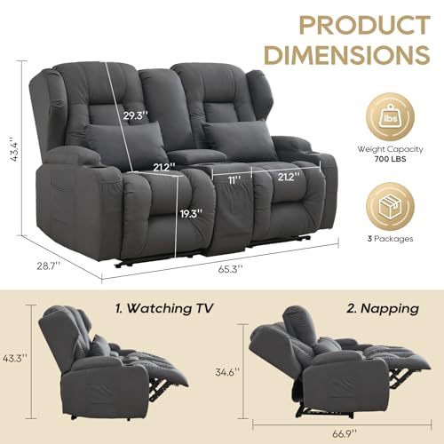 Image of IPKIG 65.3 inch RV Loveseat Recliner Sofa with Storage Console, Leathaire Fabric Wall Hugger Reclining Chair with Cup Holders and Side Pockets, Home Theater Seating Manual Recliner for Living Room (Grey)