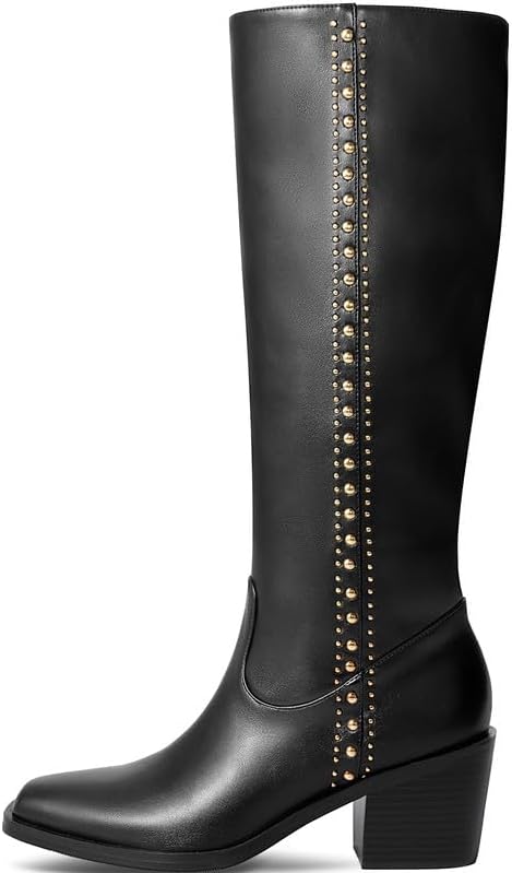 Womens Knee High Boots Chunky Square Toe Block Heel with Side Zipper Studded Metallic Rivets Riding Boots Fashion 2025 - Image 4