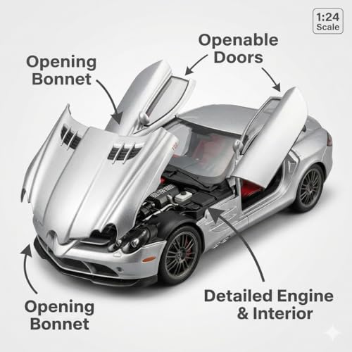 Image of 1:24 Scale Mercedes-Benz SLR 722S Diecast Metal Car Model with Openable Doors & Bonnet, Light & Sound, Detailed Interior, Collectible Sports Car Toy for Kids & Adults (20 cm)