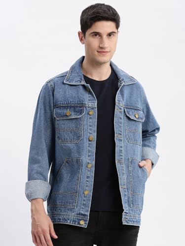 Image of SHOWOFFFF Men Solid Denim Jacket | Spread Collar Full Sleeves Denim Jacket for Mens | Slim Fit Regular Length Jacket for Men's