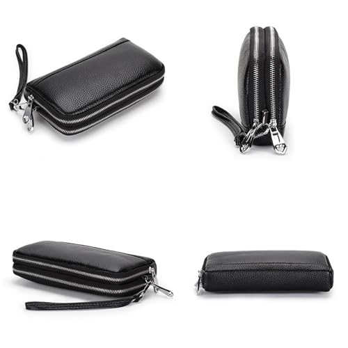 NIGEDU Bolsa clutch feminina de couro genuíno com zíper duplo porta-cartões com alça de pulso, Preto