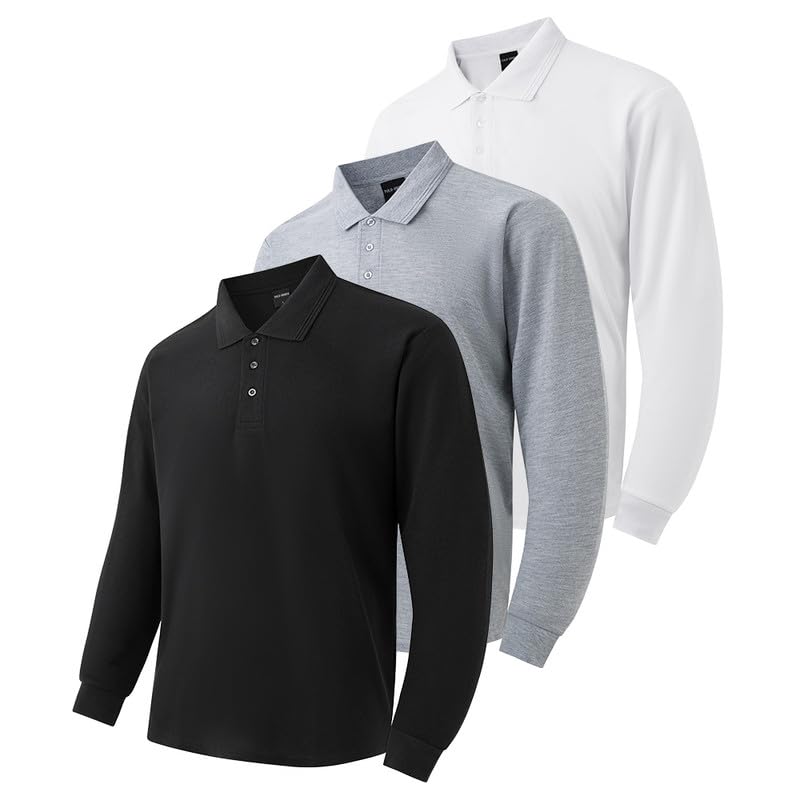 Men's 3-Pack Long Sleeve Polo Shirts – Moisture Wicking Golf Shirts for Work, Casual Workout