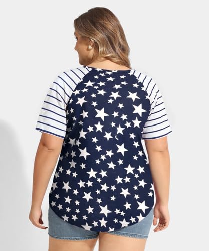 Image of CARCOS Plus Size Tops for Women Short Sleeve Raglan Striped Tee Color Block Crewneck /V Neck Tunic Loose Fit Summer XL-5XL