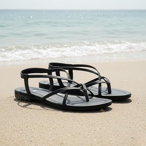 Image of Women's Strappy Flat Sandals, Black and Peach, Casual Summer Footwear