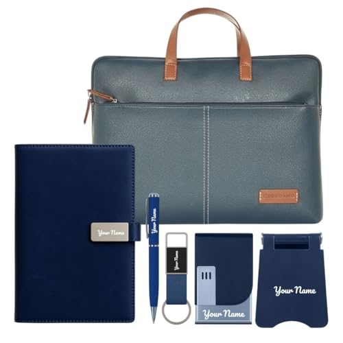 Image of Giftana 6 in 1 Laptop Bag with Personalized Diary and Pen, Keychain, Card Holder, Mobile Stand with Name, Customized Gift for Husband, Father, Employee Welcome Kit, Corporate Gift for Employees (Blue)
