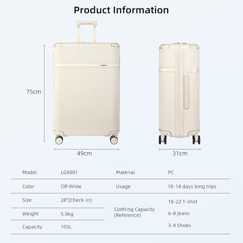Image of Arctic Hunter 28 inch Check-in Trolley Bag Large 75cm PC Hardshell Suitcase with Multi-Pocket Storage, TSA Lock & Silent 360 TPE Wheels, Anti-Collision Design, Off-White