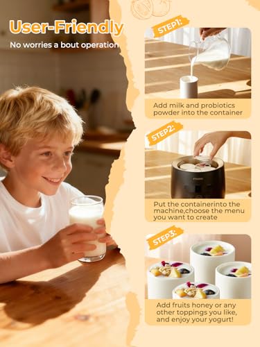 FOHERE Joghurtbereiter, Joghurt inkl. 2 XXL Glasbehälter 2000 ml und 1400 ml, 4 Keramik Portionsbecher à 125 ml, 8 Voreingestellte Programme, Maker für Griechischer Joghurt, Käse, Natto, Reiswein