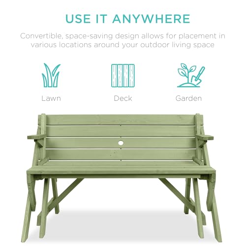 Image of Best Choice Products 2-in-1 Transforming Interchangeable Outdoor Wooden Picnic Table Garden Bench for Backyard, Porch, Patio, Deck w /Umbrella Hole - Sage Green