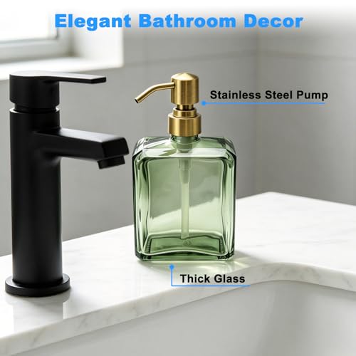 Image of Green Glass Soap Dispenser Square 13.5 oz Hand Soap Dispenser | Rectangular, Rust Proof Stainless Steel Pump, Refillable, For Bathroom Vanity & Kitchen Countertop
