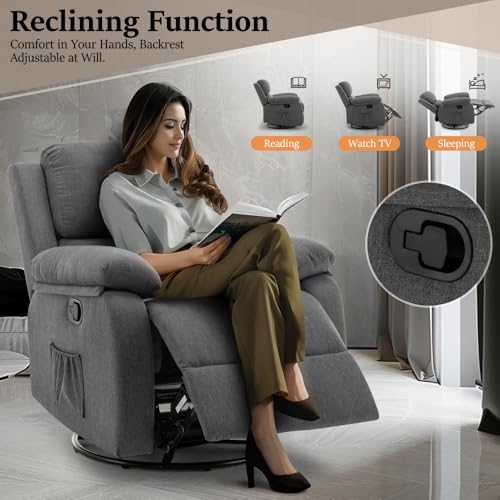 Recliner Chair, 360 Swivel Rocker Chair for Adults, Small Rocking Recliner for Small Spaces, Upholstered Fabric Glider Recliner Nursery Chair with Side Pockets for Living Room, Nursery - Image 5