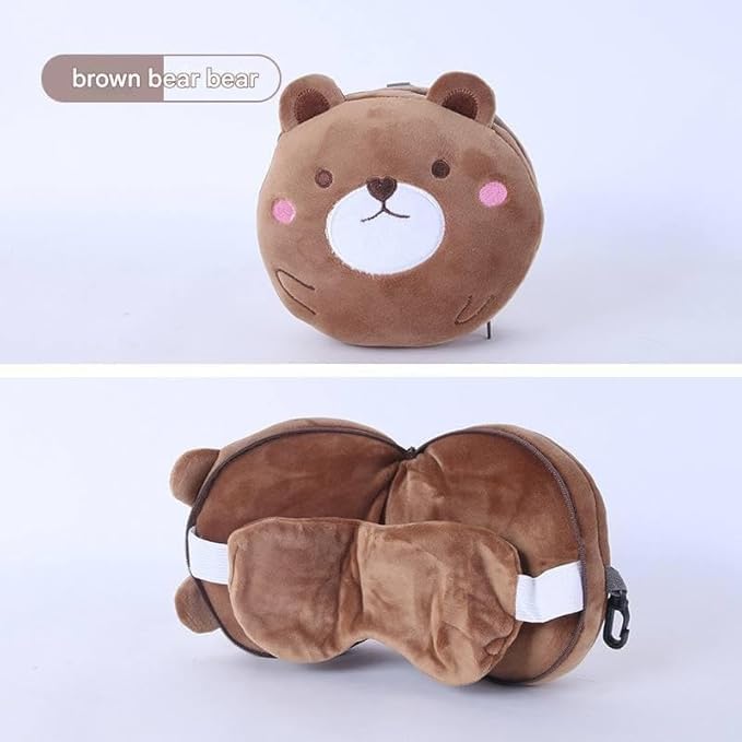 Image of Cute Plush Travel Neck Pillow & Sleep Eye Mask Set, Cartoon Animal U Shape Head Support Pillow for Kids & Adults, Portable Airplane, Car & Office Nap Cushion Multi Design